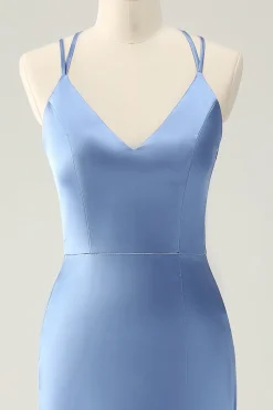 Sereia Azul Esparguete Correias Cetim Vestido Madrinha com Fenda