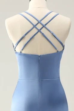 Sereia Azul Esparguete Correias Cetim Vestido Madrinha com Fenda