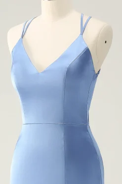 Sereia Azul Esparguete Correias Cetim Vestido Madrinha com Fenda