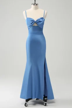 Sereia Azul Esparguete Correias Vestido Madrinha com Bowknot