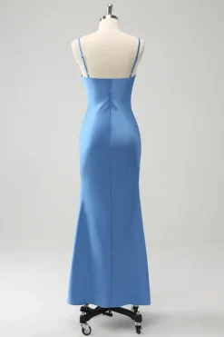 Sereia Azul Esparguete Correias Vestido Madrinha com Bowknot