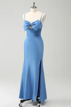 Sereia Azul Esparguete Correias Vestido Madrinha com Bowknot