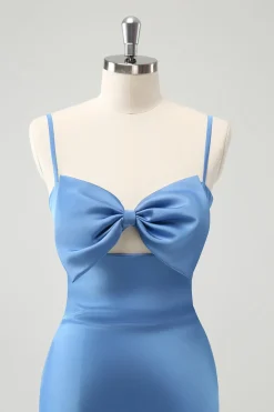 Sereia Azul Esparguete Correias Vestido Madrinha com Bowknot