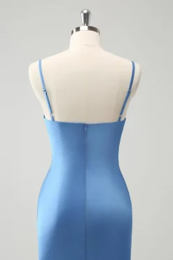 Sereia Azul Esparguete Correias Vestido Madrinha com Bowknot