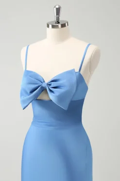 Sereia Azul Esparguete Correias Vestido Madrinha com Bowknot