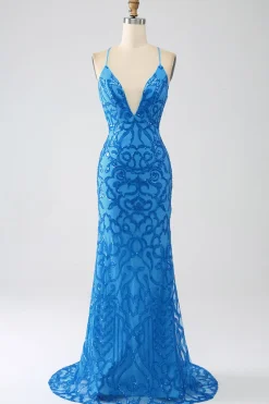 Sereia Azul Esparguete Correias Sequins Long Prom Dress