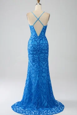 Sereia Azul Esparguete Correias Sequins Long Prom Dress