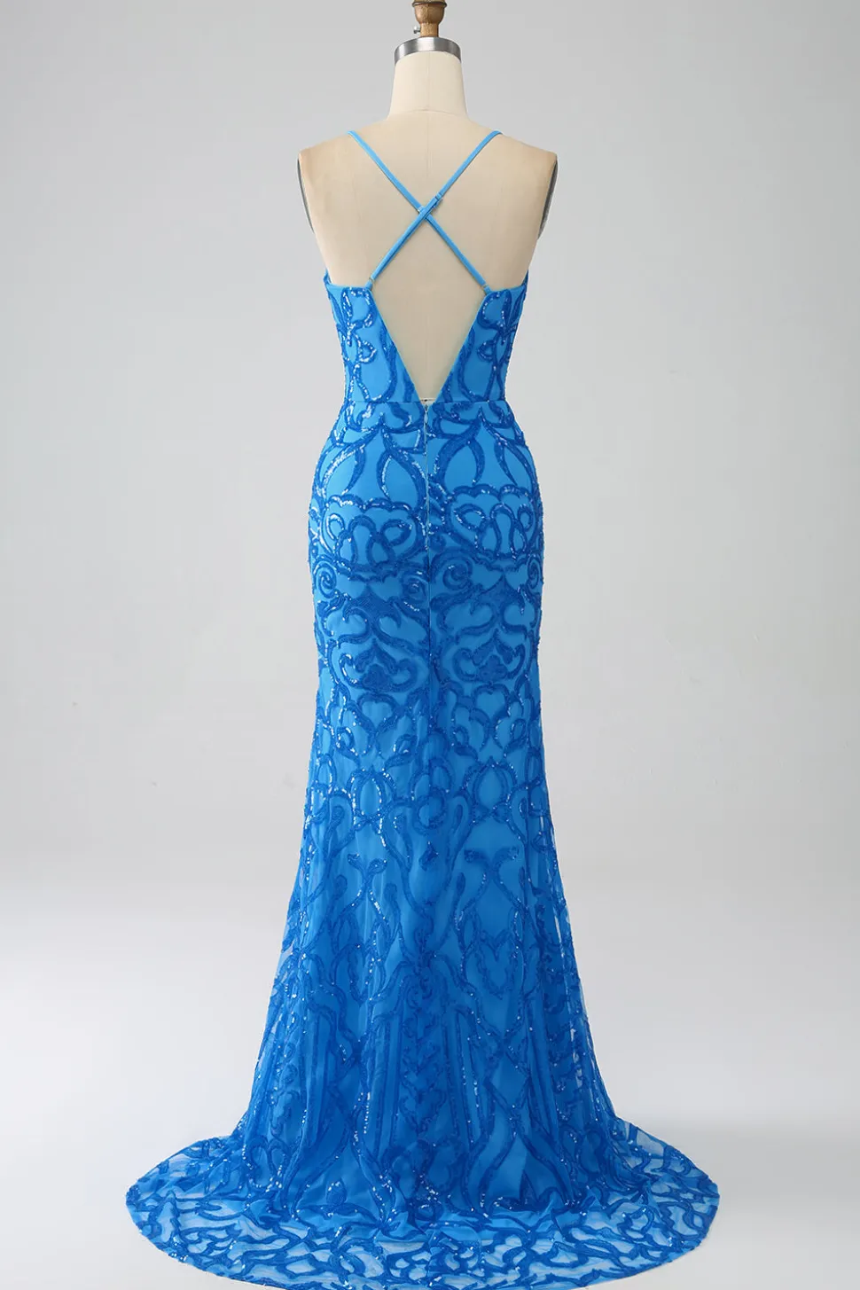 Sereia Azul Esparguete Correias Sequins Long Prom Dress