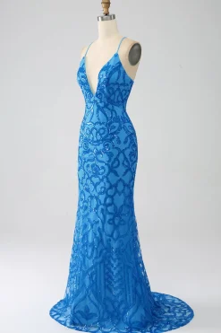 Sereia Azul Esparguete Correias Sequins Long Prom Dress
