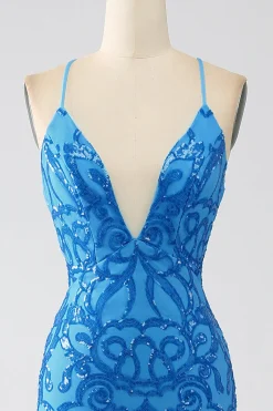 Sereia Azul Esparguete Correias Sequins Long Prom Dress