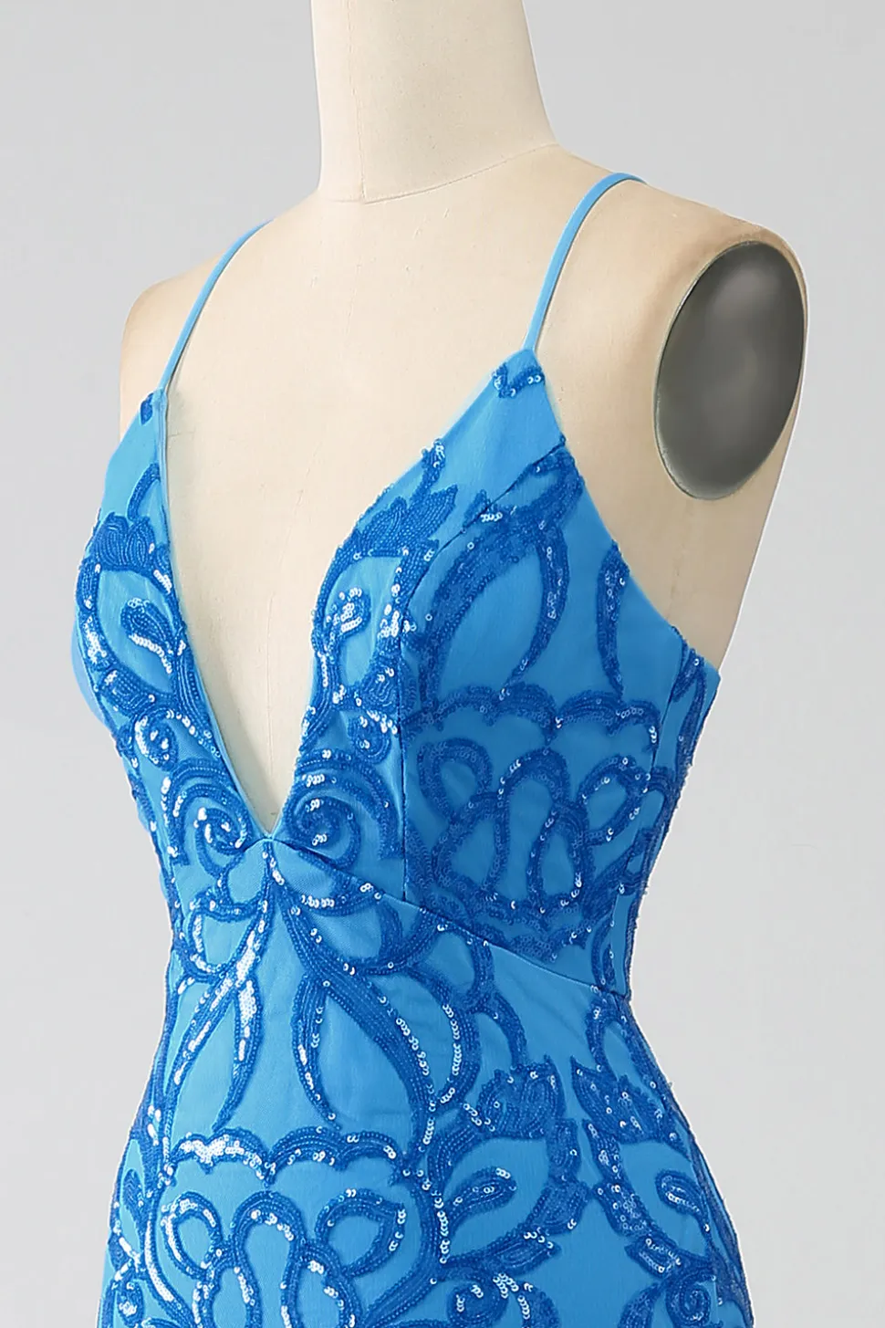 Sereia Azul Esparguete Correias Sequins Long Prom Dress
