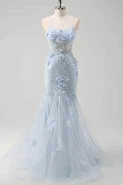 Sereia Azul Esparguete Correias Tulle Long Corset Prom Dress com flores 3D
