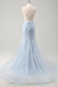Sereia Azul Esparguete Correias Tulle Long Corset Prom Dress com flores 3D