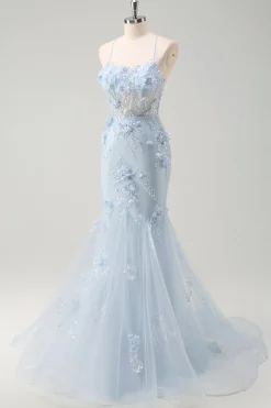 Sereia Azul Esparguete Correias Tulle Long Corset Prom Dress com flores 3D