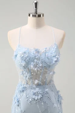 Sereia Azul Esparguete Correias Tulle Long Corset Prom Dress com flores 3D