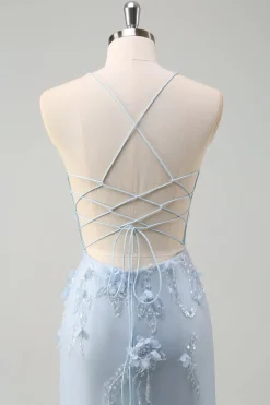 Sereia Azul Esparguete Correias Tulle Long Corset Prom Dress com flores 3D