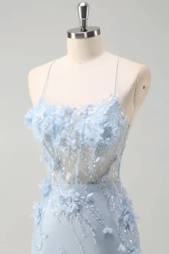 Sereia Azul Esparguete Correias Tulle Long Corset Prom Dress com flores 3D