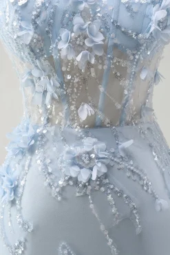 Sereia Azul Esparguete Correias Tulle Long Corset Prom Dress com flores 3D