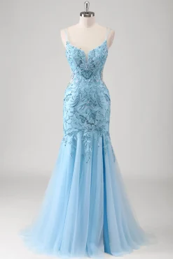 Sereia Azul Esparguete Correias Appliqued Long Prom Dress with Slit