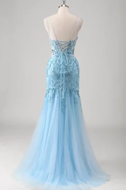 Sereia Azul Esparguete Correias Appliqued Long Prom Dress with Slit