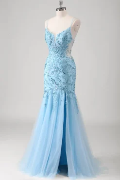 Sereia Azul Esparguete Correias Appliqued Long Prom Dress with Slit