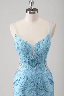 Sereia Azul Esparguete Correias Appliqued Long Prom Dress with Slit