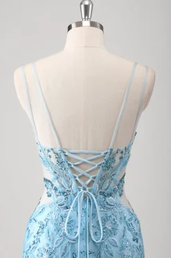 Sereia Azul Esparguete Correias Appliqued Long Prom Dress with Slit