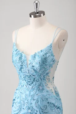 Sereia Azul Esparguete Correias Appliqued Long Prom Dress with Slit