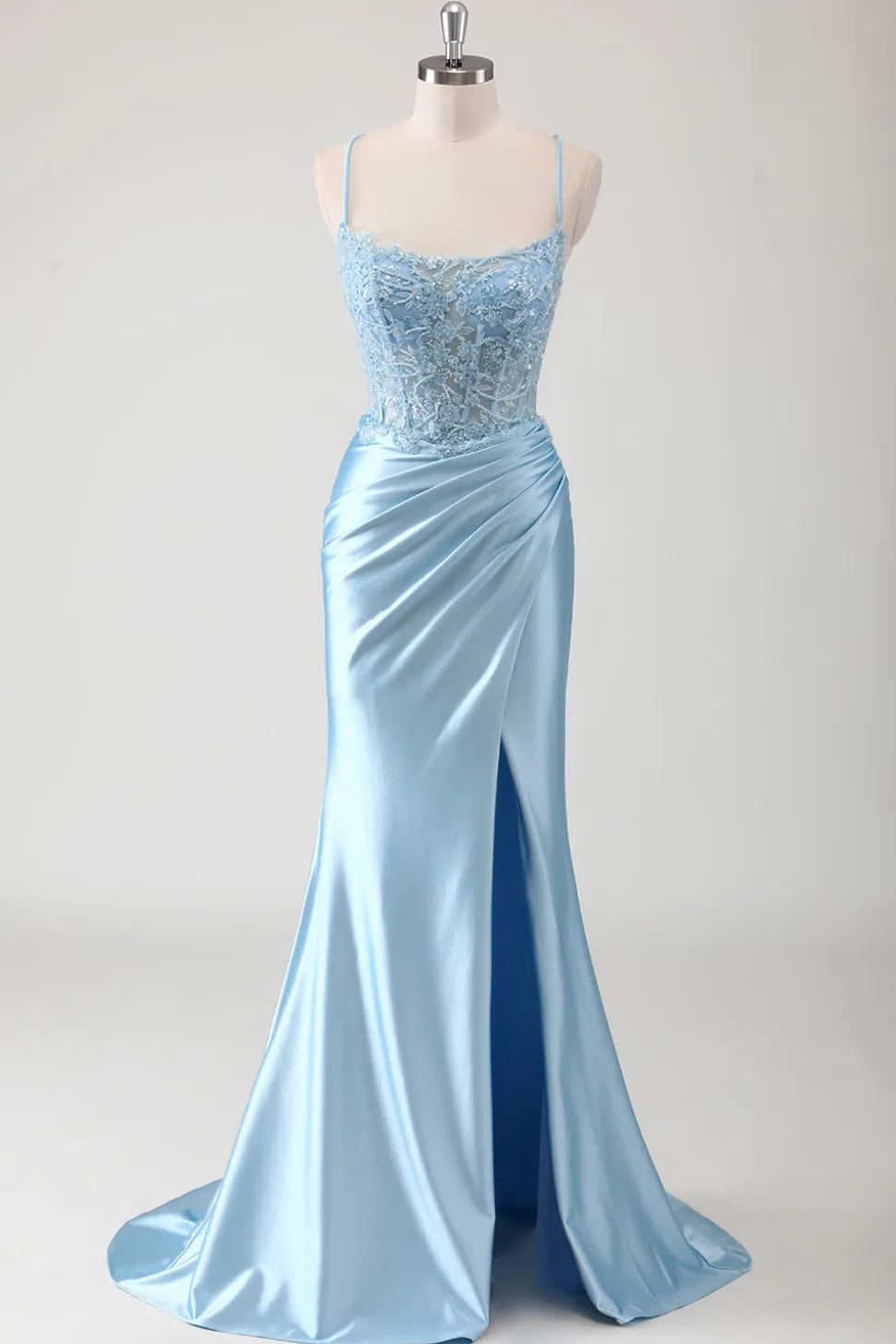 Sereia Azul Esparguete Correias Appliqued Long Prom Dress with Slit