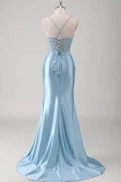 Sereia Azul Esparguete Correias Appliqued Long Prom Dress with Slit