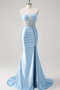 Sereia Azul Floral Espartilho Sem Alças Vestido Longo Baile de Formatura Com Fenda