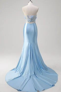 Sereia Azul Floral Espartilho Sem Alças Vestido Longo Baile de Formatura Com Fenda