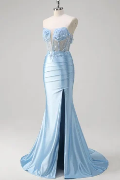 Sereia Azul Floral Espartilho Sem Alças Vestido Longo Baile de Formatura Com Fenda