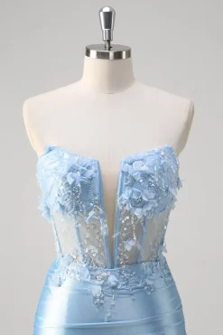 Sereia Azul Floral Espartilho Sem Alças Vestido Longo Baile de Formatura Com Fenda