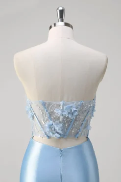 Sereia Azul Floral Espartilho Sem Alças Vestido Longo Baile de Formatura Com Fenda