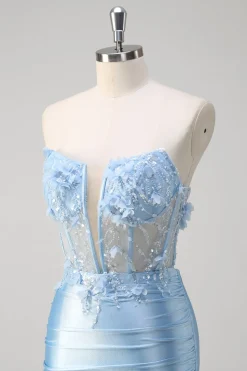 Sereia Azul Floral Espartilho Sem Alças Vestido Longo Baile de Formatura Com Fenda