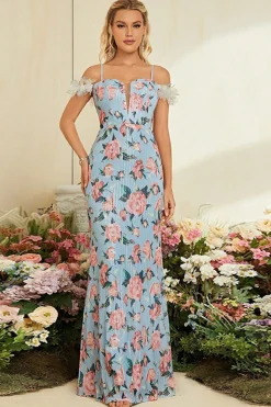 Sereia Azul Floral Ombro Frio Vestido Longo Baile de Formatura