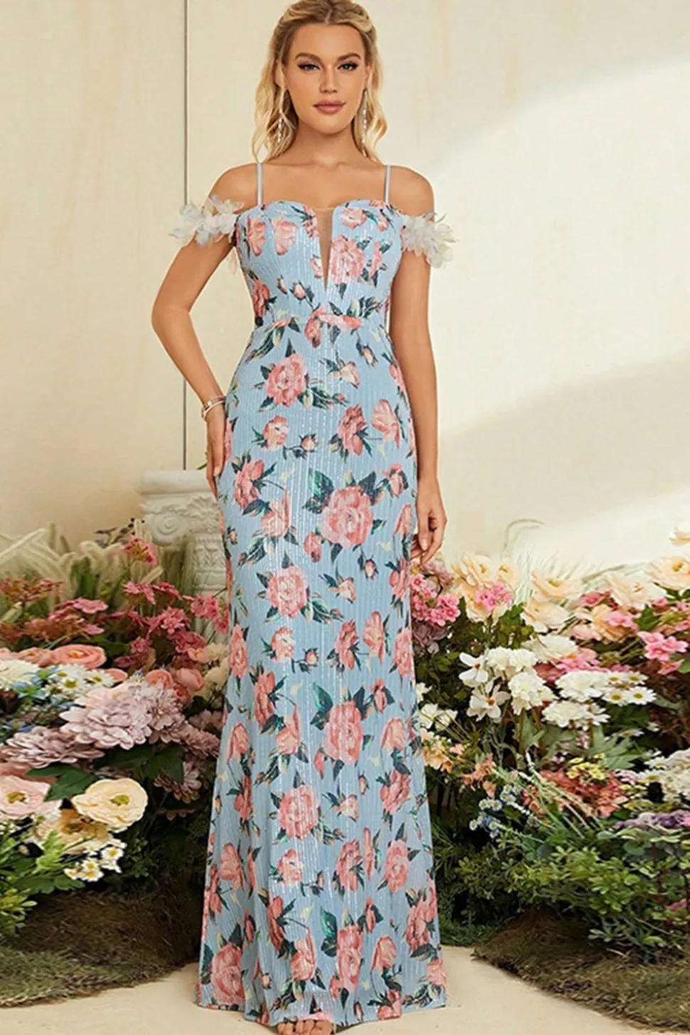 Sereia Azul Floral Ombro Frio Vestido Longo Baile de Formatura