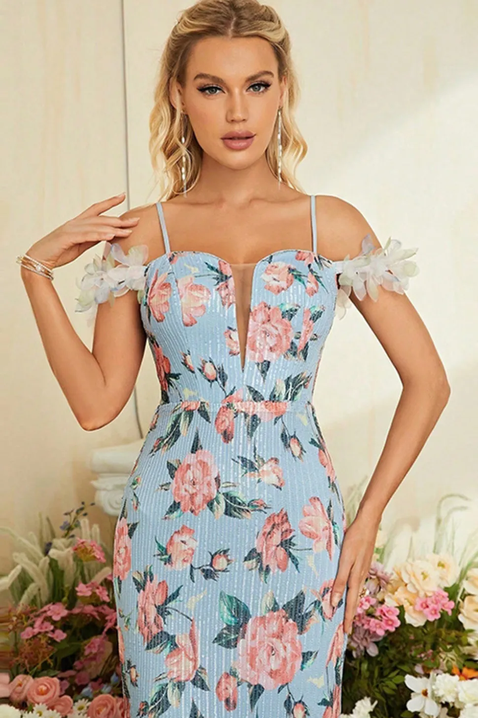 Sereia Azul Floral Ombro Frio Vestido Longo Baile de Formatura
