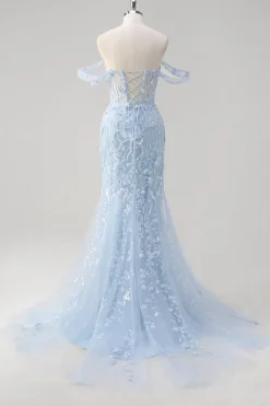Sereia Azul Fora do Ombro Lantejoulas Vestido Floral Corset Prom