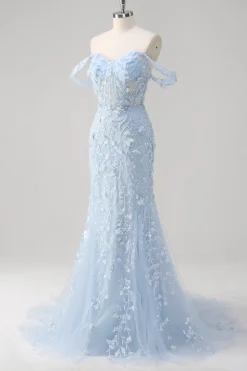 Sereia Azul Fora do Ombro Lantejoulas Vestido Floral Corset Prom