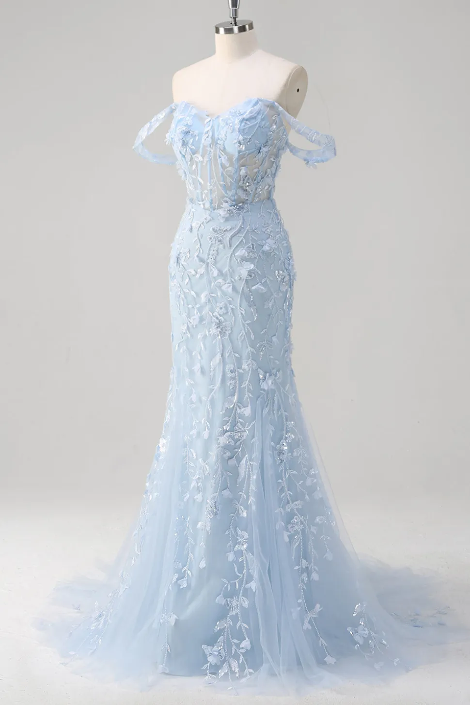 Sereia Azul Fora do Ombro Lantejoulas Vestido Floral Corset Prom