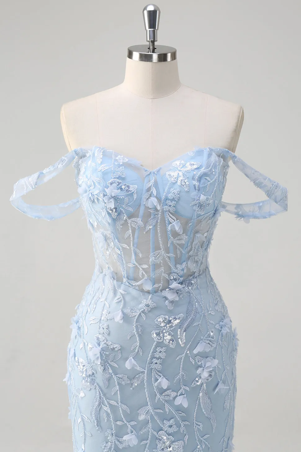 Sereia Azul Fora do Ombro Lantejoulas Vestido Floral Corset Prom
