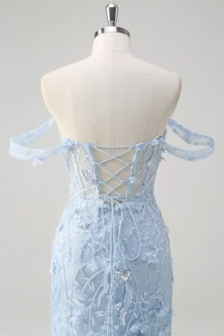 Sereia Azul Fora do Ombro Lantejoulas Vestido Floral Corset Prom