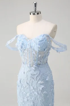 Sereia Azul Fora do Ombro Lantejoulas Vestido Floral Corset Prom