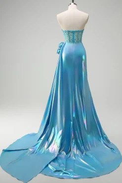 Sereia Azul Metálica Espartilho Sem Alças Flores Frisado Longo Vestido de Baile com Fenda