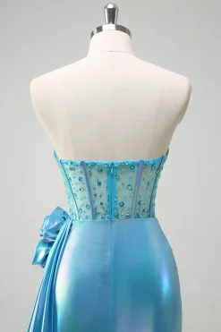 Sereia Azul Metálica Espartilho Sem Alças Flores Frisado Longo Vestido de Baile com Fenda