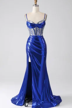 Sereia azul real brilhante lantejoulas plissado espartilho vestido de baile com fenda