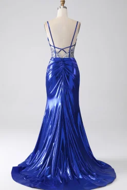 Sereia azul real brilhante lantejoulas plissado espartilho vestido de baile com fenda