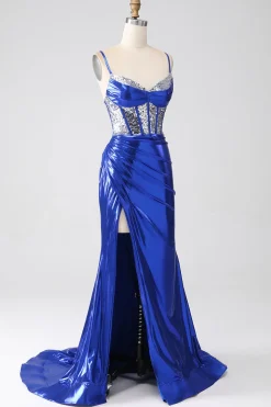 Sereia azul real brilhante lantejoulas plissado espartilho vestido de baile com fenda